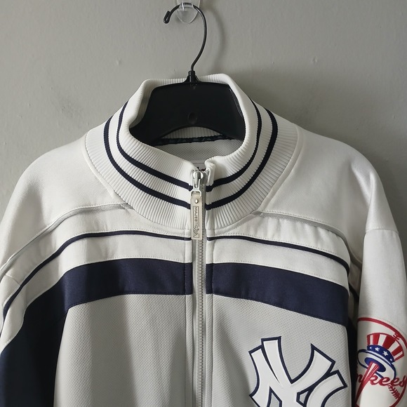 Vintage Majestic MLB NY Yankees Size Large Full Zip Warm up Jacket Logo Striped - Picture 2 of 16